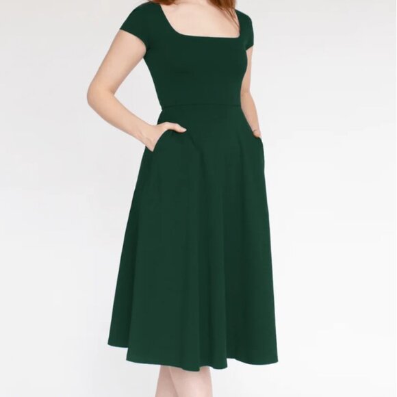 Cobalt Street BCI Cotton Square Neck A-Line Mid-Calf Dress -- Dark Green - Picture 2 of 8